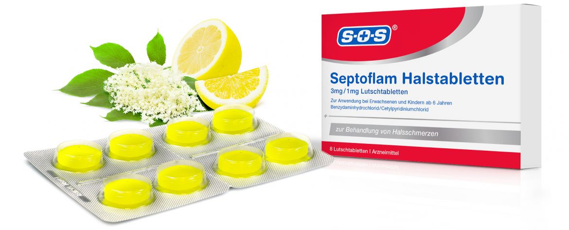 Rot-weiße Septoflam Halstabletten Produktverpackung mit Zitrone und Holunder. Gelbe Lutschpastillen.